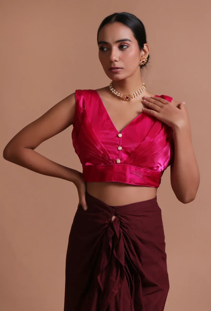 Dark Pink Color Organza Plain Blouse