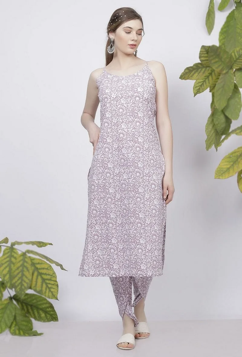 Set of 2: Lilac Floral Hand Block Printed Cotton Straight Slip and Cotton Floral Handblock Dhoti