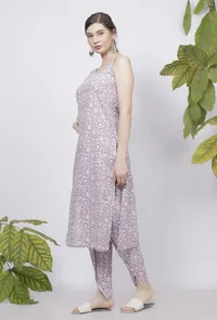 Set of 2: Lilac Floral Hand Block Printed Cotton Straight Slip and Cotton Floral Handblock Dhoti image 2