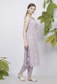 Set of 2: Lilac Floral Hand Block Printed Cotton Straight Slip and Cotton Floral Handblock Dhoti image 3