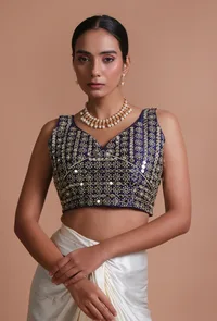 Blue Color Raw Silk Mirror Work Blouse image 1