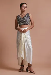 Blue Color Raw Silk Mirror Work Blouse image 2