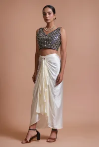 Blue Color Raw Silk Mirror Work Blouse image 3