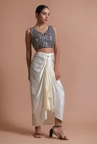 Blue Color Raw Silk Mirror Work Blouse image 4