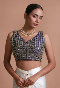 Blue Color Raw Silk Mirror Work Blouse image 6