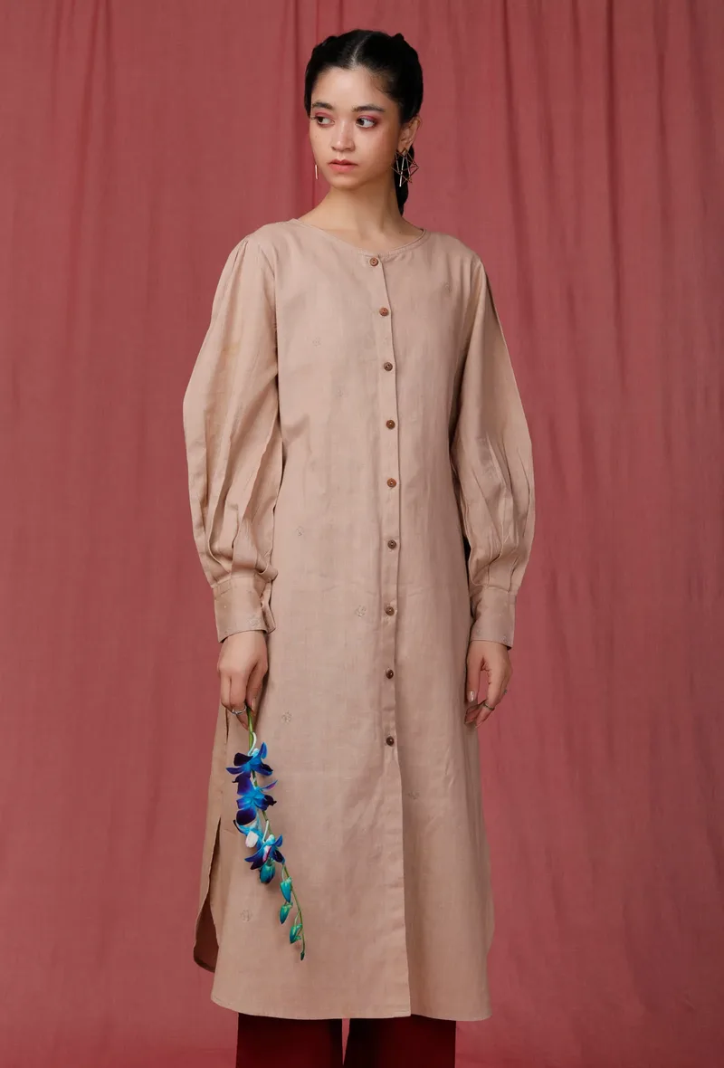 Pastel Brown Plain Round Bottom Linen Kurti