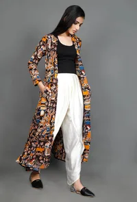 Black Full Sleeved Kalamkari Cape with Pockets image 1