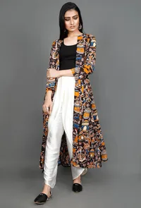 Black Full Sleeved Kalamkari Cape with Pockets image 2