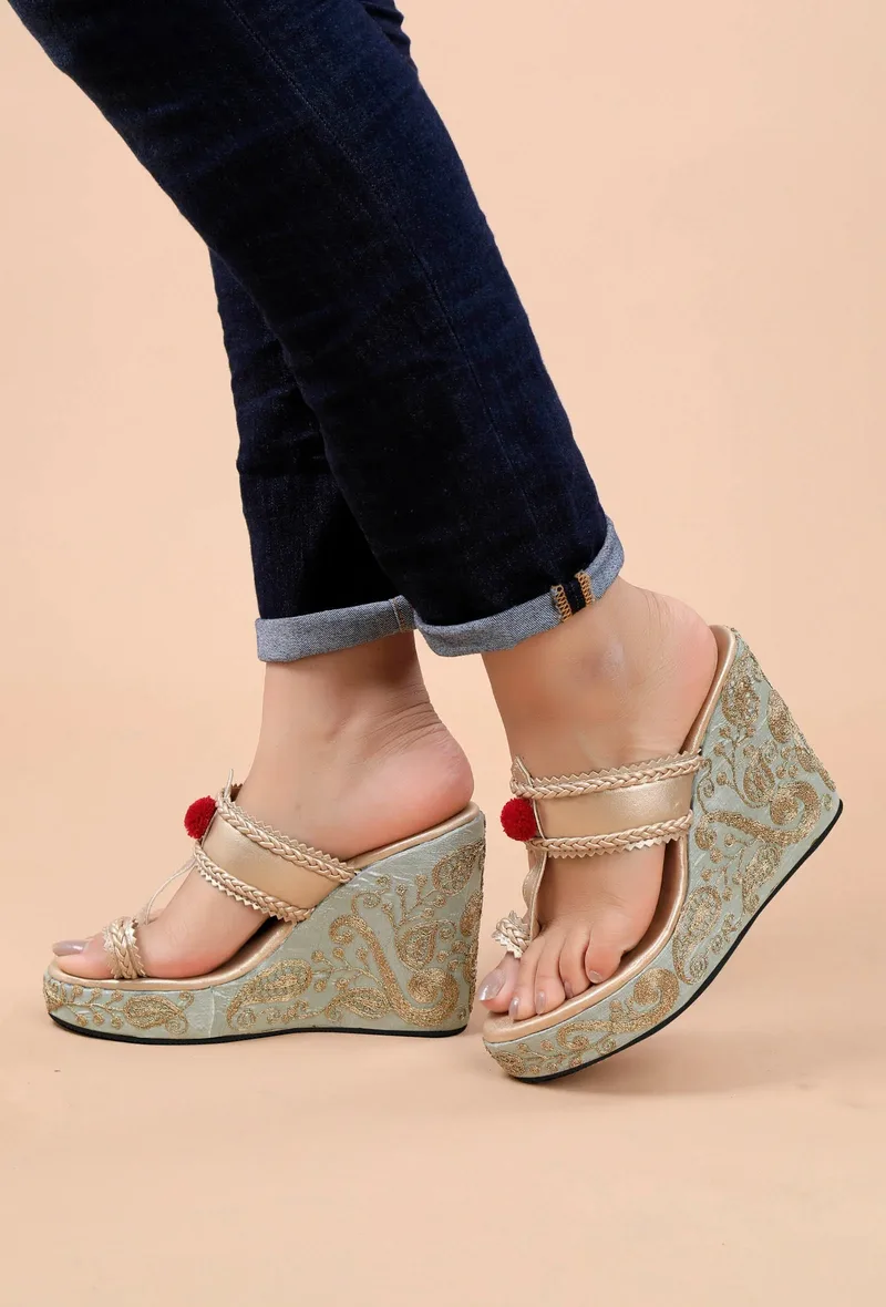 Raw Silk Gold Kolhapuri Inspired Wedges