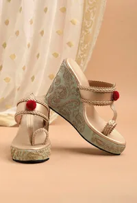 Raw Silk Gold Kolhapuri Inspired Wedges image 2