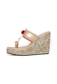 Raw Silk Gold Kolhapuri Inspired Wedges image 6