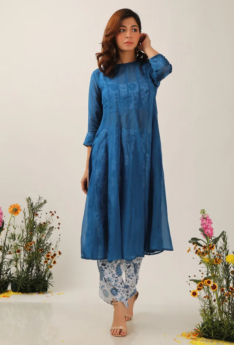 Set Of 3: Serena Organza Kalidar Kurta With Floral Chintz Blouse & Dhotipants