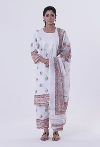 White Color Cotton Dupatta with Multicolor Motif image 2