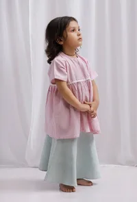 Set of 2: Pink Striped Cotton Flared top with Green striped Cotton Flared Skirt image 2