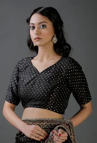 Black Raw Silk Block Printed Blouse image 1