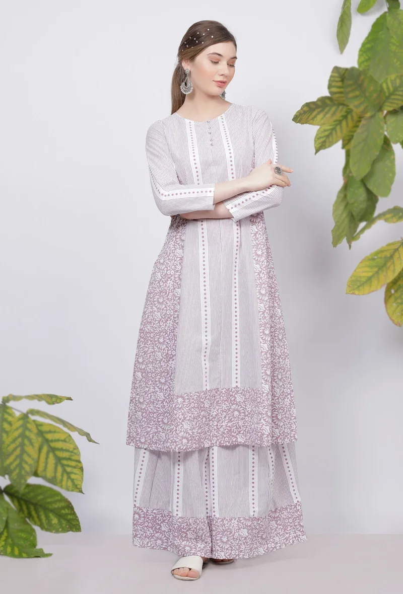 Set of 2: Lilac Floral Stripes Hand-Block Printed A line Cotton Kurta with Handblock Floral Printed Cotton Flared Palazzo