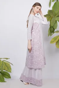 Set of 2: Lilac Floral Stripes Hand-Block Printed A line Cotton Kurta with Handblock Floral Printed Cotton Flared Palazzo image 2