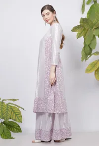 Set of 2: Lilac Floral Stripes Hand-Block Printed A line Cotton Kurta with Handblock Floral Printed Cotton Flared Palazzo image 3