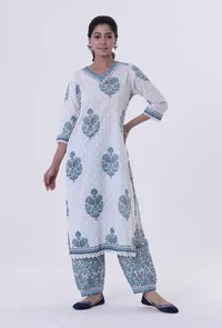 White Cotton Kurta With Blue Motif image 2