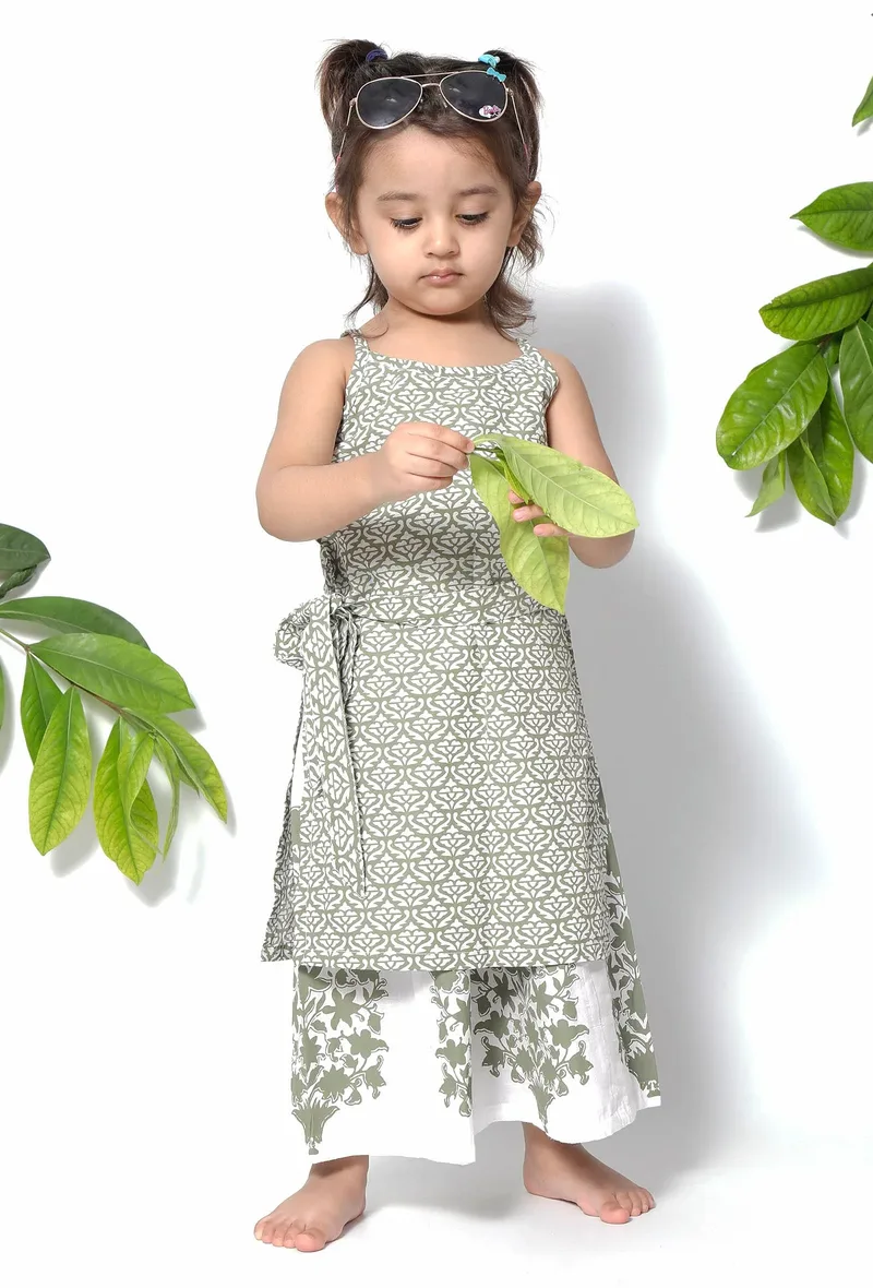 Set of 2 - Tiana Sea Green Handblock Cotton Floral Pallazo and Suit Set