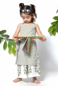 Set of 2 - Tiana Sea Green Handblock Cotton Floral Pallazo and Suit Set image 2