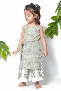 Set of 2 - Tiana Sea Green Handblock Cotton Floral Pallazo and Suit Set image 3