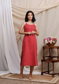 Red Gamcha Slip Kurta Dress image 1