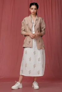 Set of 2: white Handblock Printed Linen Dress with Brown Handblock Printed Overcoat image 1