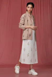 Set of 2: white Handblock Printed Linen Dress with Brown Handblock Printed Overcoat image 2
