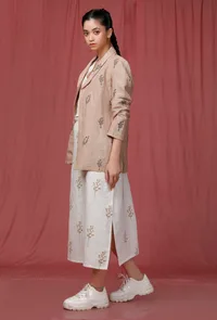 Set of 2: white Handblock Printed Linen Dress with Brown Handblock Printed Overcoat image 3