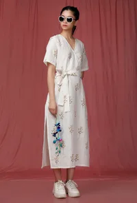 Set of 2: white Handblock Printed Linen Dress with Brown Handblock Printed Overcoat image 5