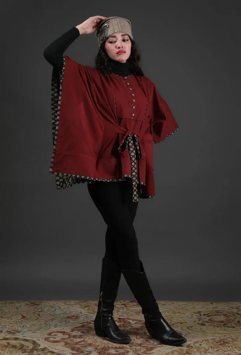 Iksha Maroon Cashmilon Front-Tie Overlay Cape With Ajrakh Detailing