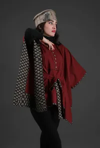 Iksha Maroon Cashmilon Front-Tie Overlay Cape With Ajrakh Detailing image 2