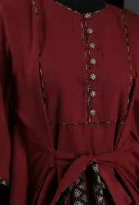 Iksha Maroon Cashmilon Front-Tie Overlay Cape With Ajrakh Detailing image 5