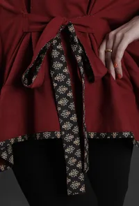 Iksha Maroon Cashmilon Front-Tie Overlay Cape With Ajrakh Detailing image 6