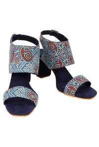 Blue Cotton Ajrakh Strappy Block Heels image 1