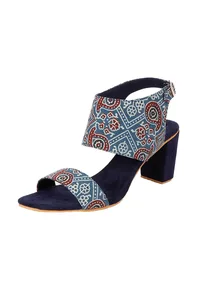 Blue Cotton Ajrakh Strappy Block Heels image 2