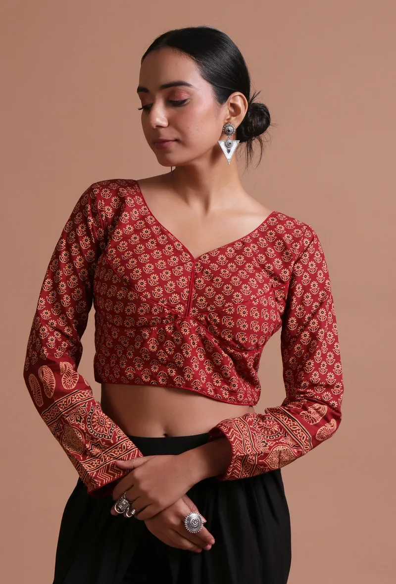 Maroon Cotton Ajrakh Printed Full Sleeve Blouse