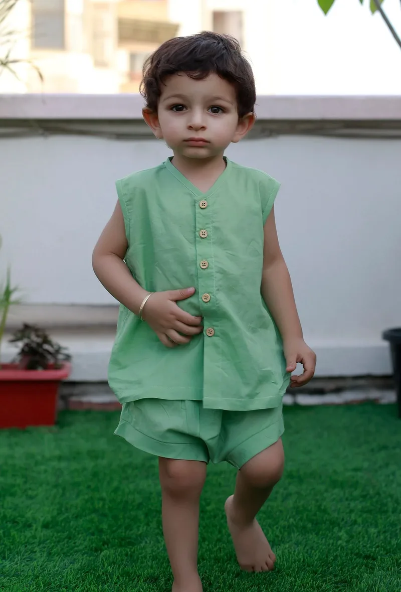 Set Of 2: Noddy Green Cotton Shirt And Green Short