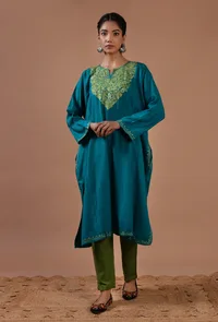 Teal Blue Woolen Ari Embroidered Phiran- Free Size image 2