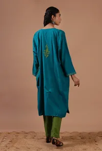 Teal Blue Woolen Ari Embroidered Phiran- Free Size image 4