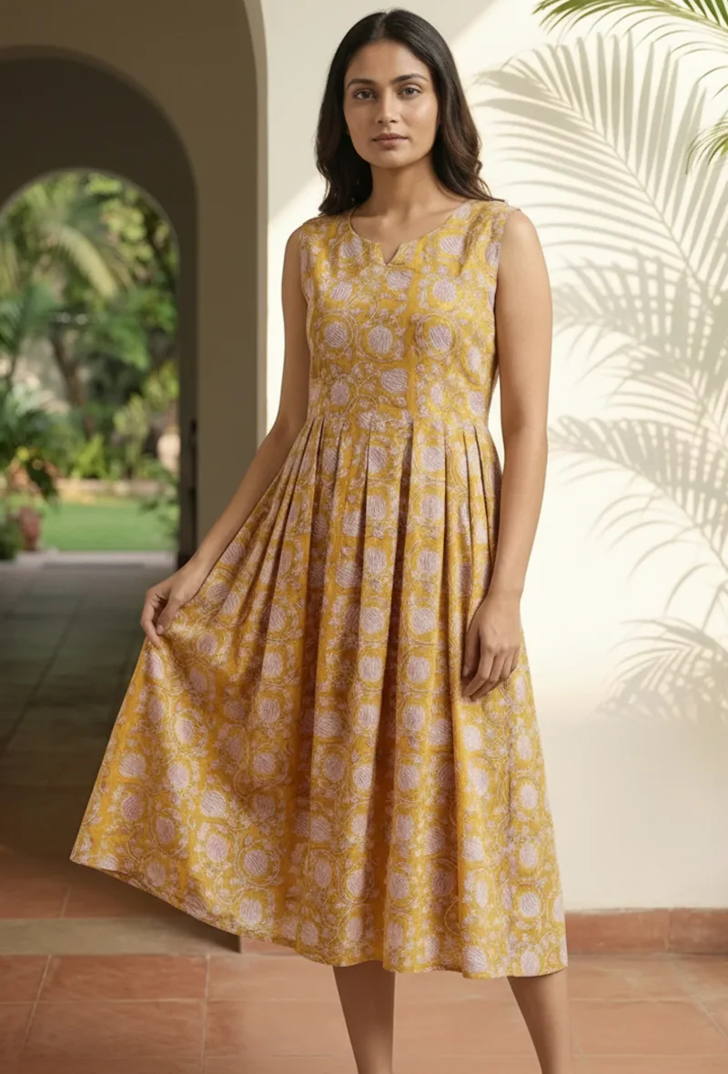 White & Yellow Cotton Printed Dress
