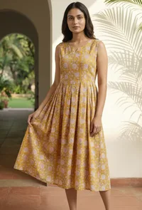 White & Yellow Cotton Printed Dress image 1