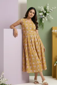 White & Yellow Cotton Printed Dress image 2