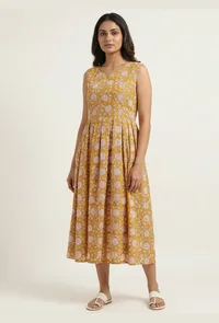 White & Yellow Cotton Printed Dress image 3