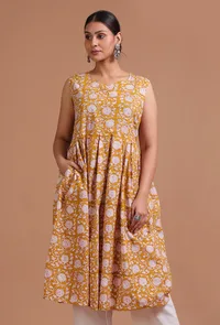 White & Yellow Cotton Printed Dress image 4