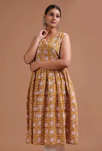 White & Yellow Cotton Printed Dress image 5