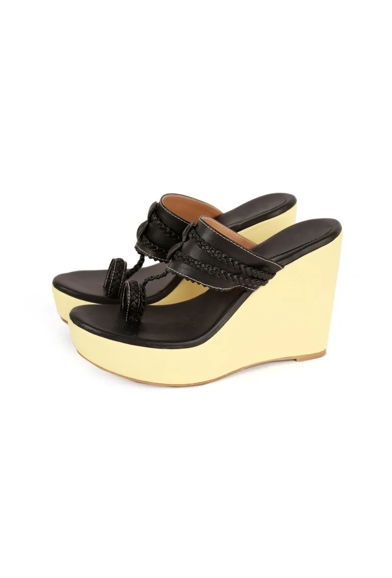 Cream and Black Vegan Leather Kolhapuri Wedges