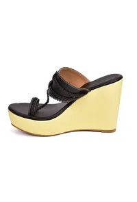 Cream and Black Vegan Leather Kolhapuri Wedges image 2