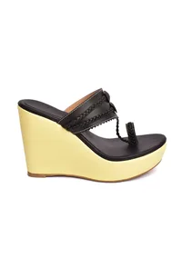 Cream and Black Vegan Leather Kolhapuri Wedges image 3